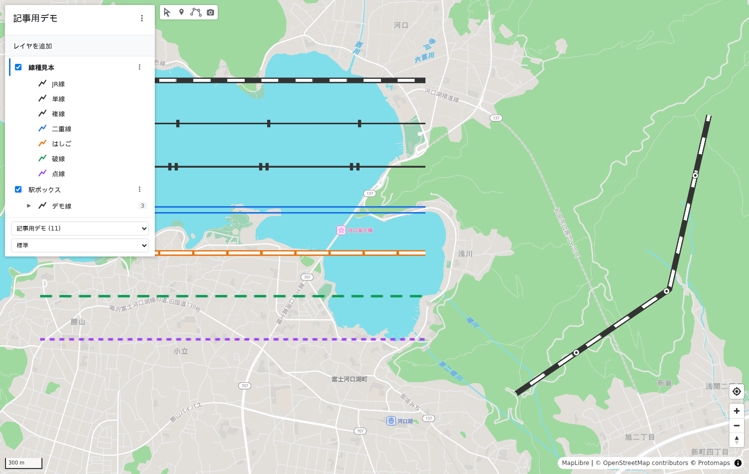 EditMapのエディタ画面。左に要素一覧、地図上に各種の線種と駅ボックス付きの線